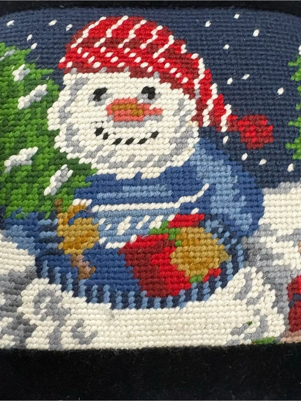 VTG Needlepoint Wool Velvet Tapestry Throw Pillow Christmas Snowman 10”x10”